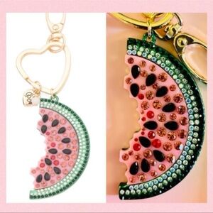 🍉BETSEY JOHNSON Crystal Watermelon Key Fob Bag Charm Keychain Pink Green Gold